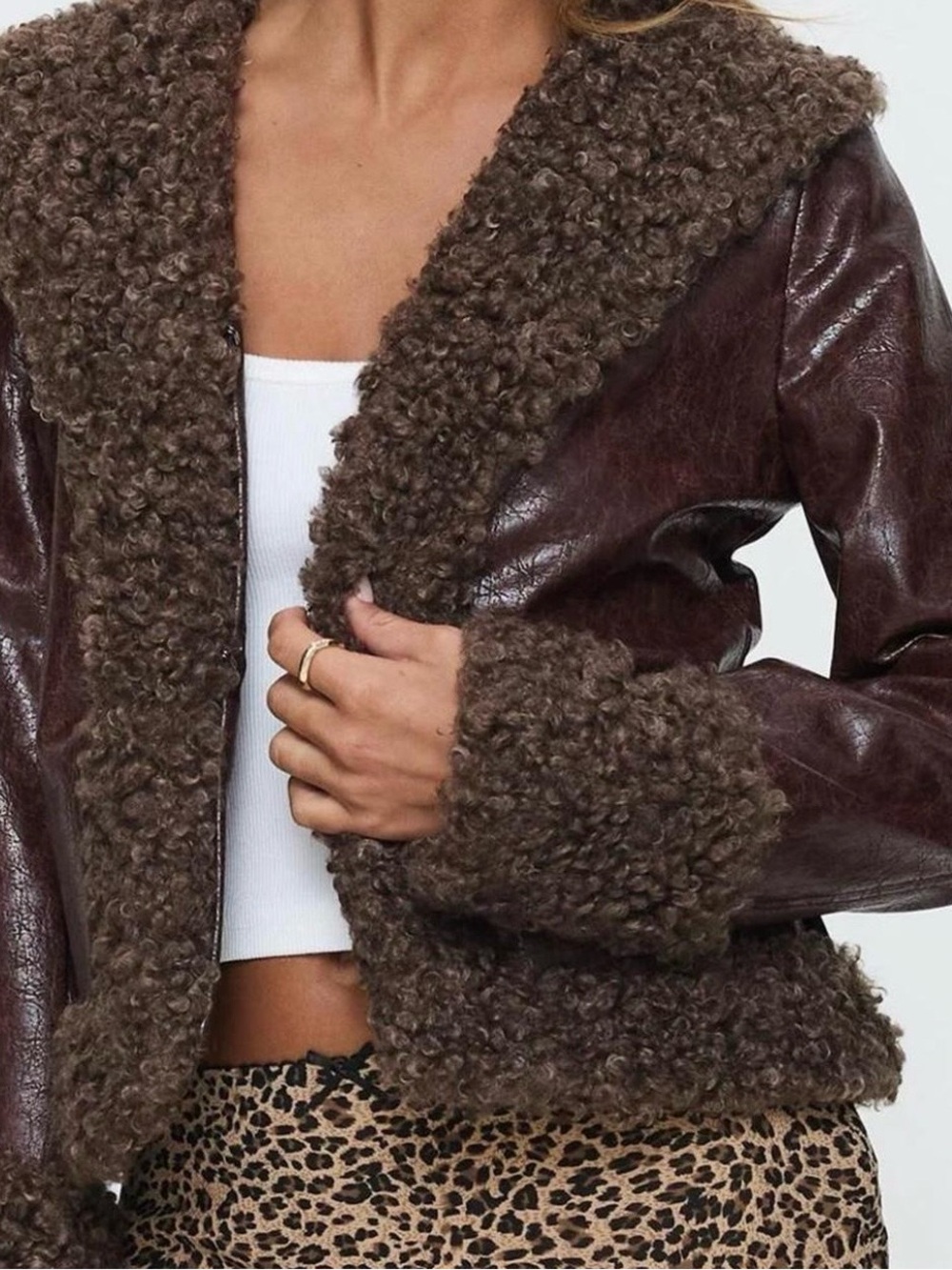 Princess Polly Chocolate Brown Faux Leather Jacket with Curly Shearling Trim